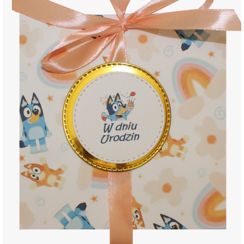 Kartka na urodziny dla dzieci Bluey pieski Blu i Bingo pomarańczowa