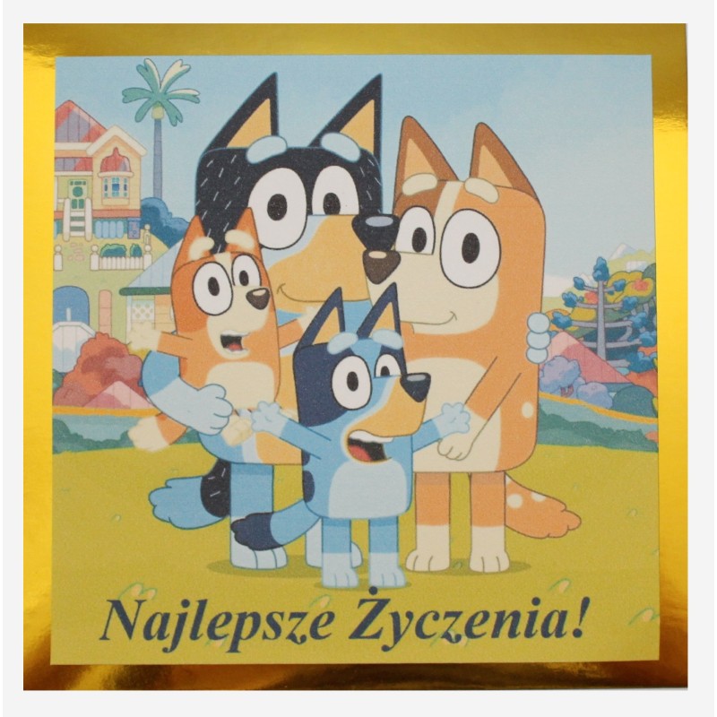 Kartka na urodziny dla dzieci Bluey pieski Blu i Bingo złota