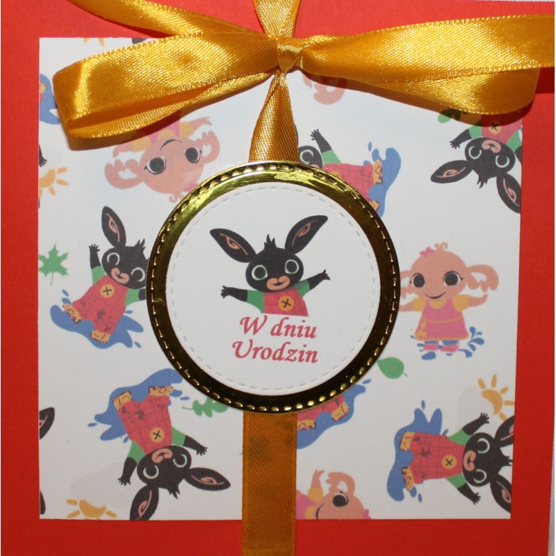 Kartka na urodziny dla dzieci królik Bing króliczek zajączek czerwona