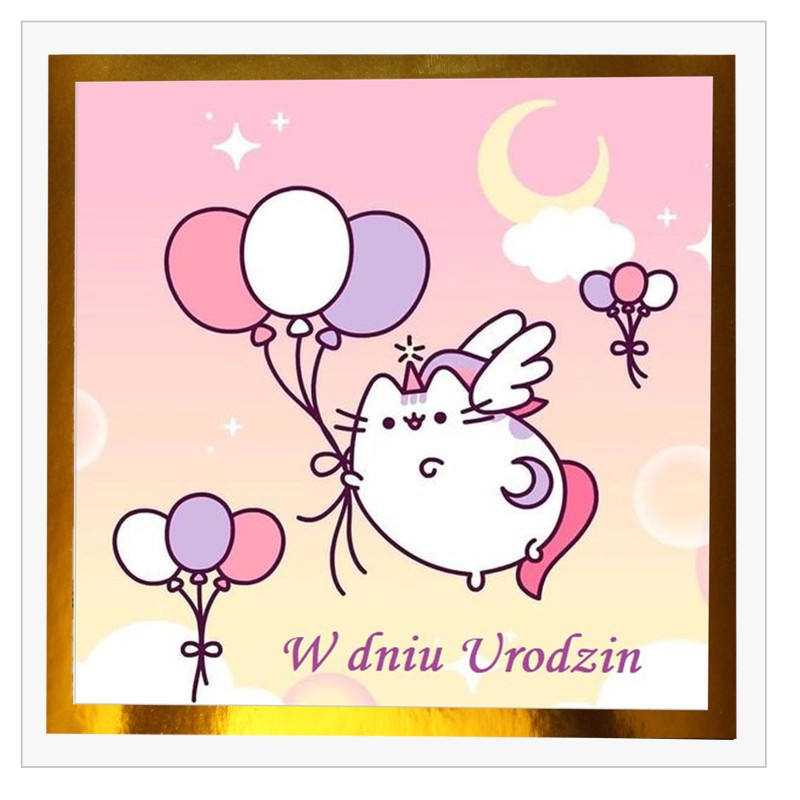 Kartka na urodziny dla dzieci Kot Puszin jednorożec