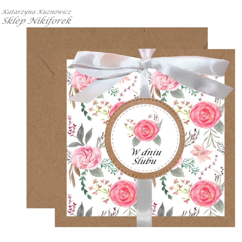 Kartka na ślub brązowa eko w pastelowe kwiaty róże różowa