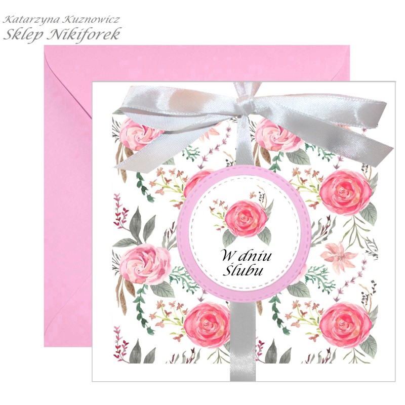 Kartka na ślub biała w kwiaty różowe róże pastelowa