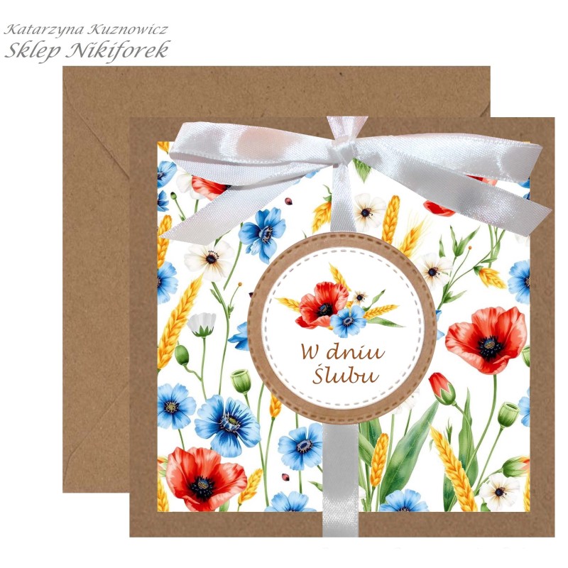 Kartka na ślub eko brązowa w kwiaty polne maki chabry zboże
