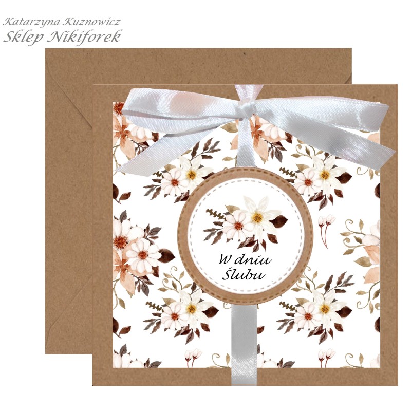Kartka na ślub eko brązowa w białe kwiaty stokrotki margaretki