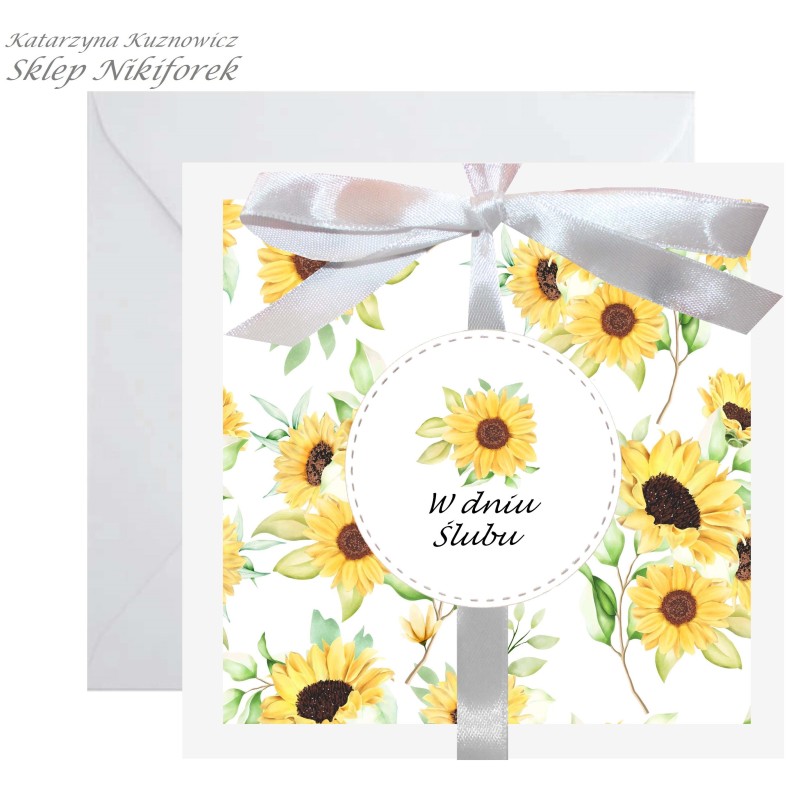 Kartka na ślub biała w kwiaty żółte słoneczniki