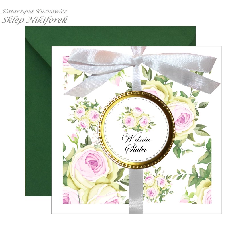 Kartka na ślub biała w kwiaty różowe i zielone róże