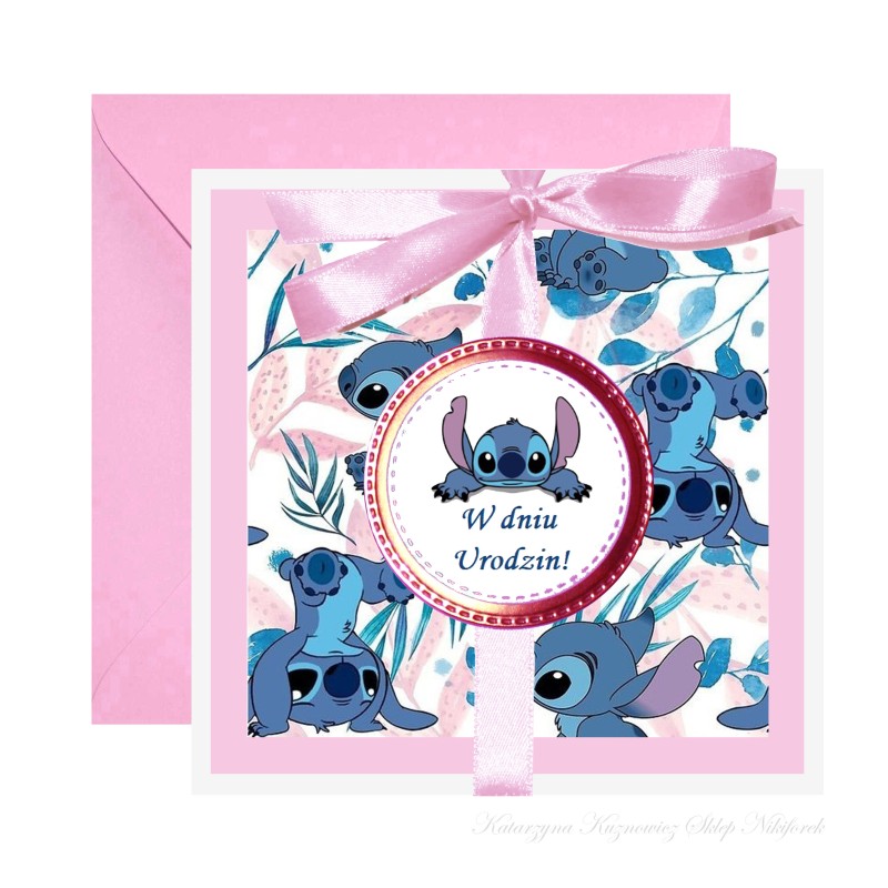 Kartka na urodziny dla dzieci Lilo i Stitch Sticz różowa