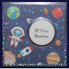 Kartka na urodziny dla dzieci Kosmos planety rakieta i kosmonauta