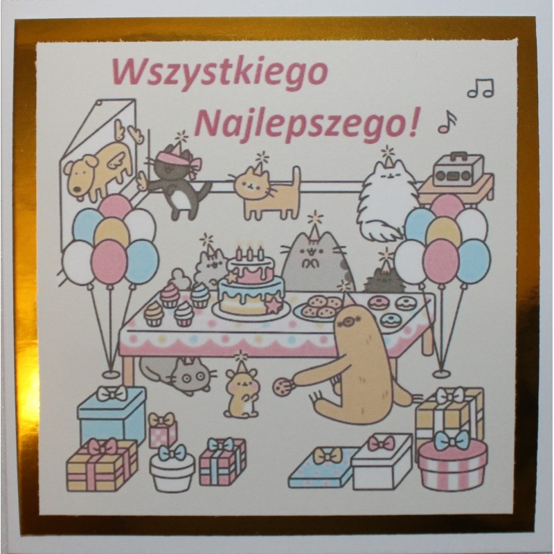 Kartka na urodziny dla dzieci szary kot Puszin przyjęcie urodzinowe