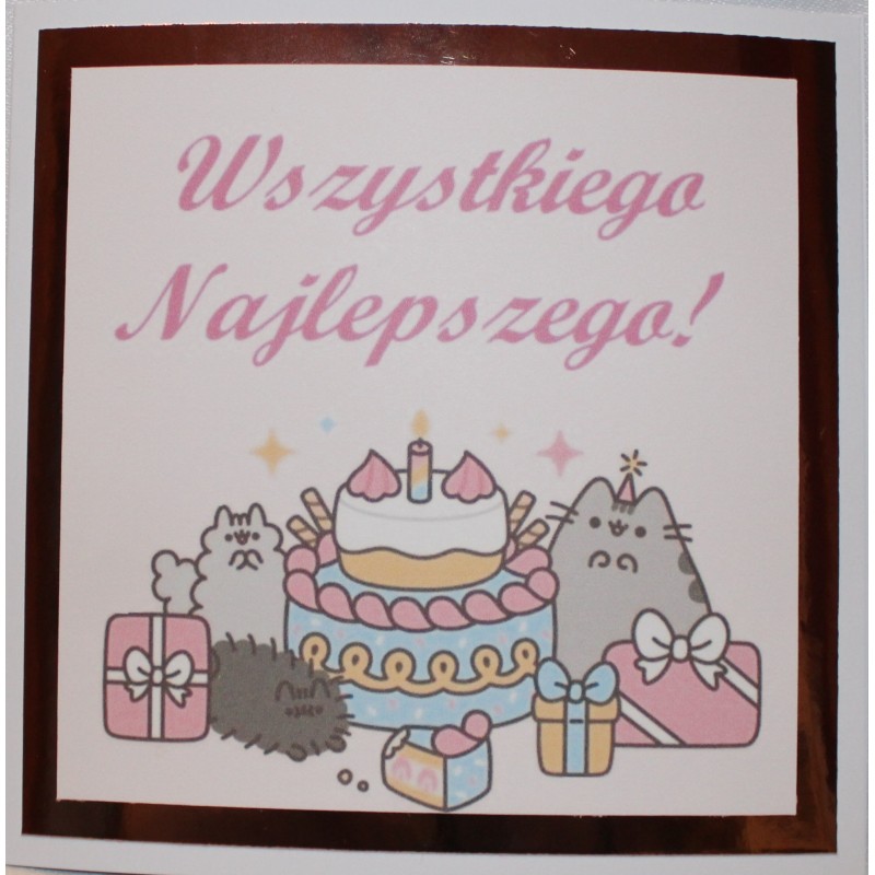 Kartka na urodziny dla dzieci szary kot Puszin tort urodzinowy