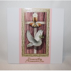 Kartka w pudełku na Komunię różowa z gołąbkiem