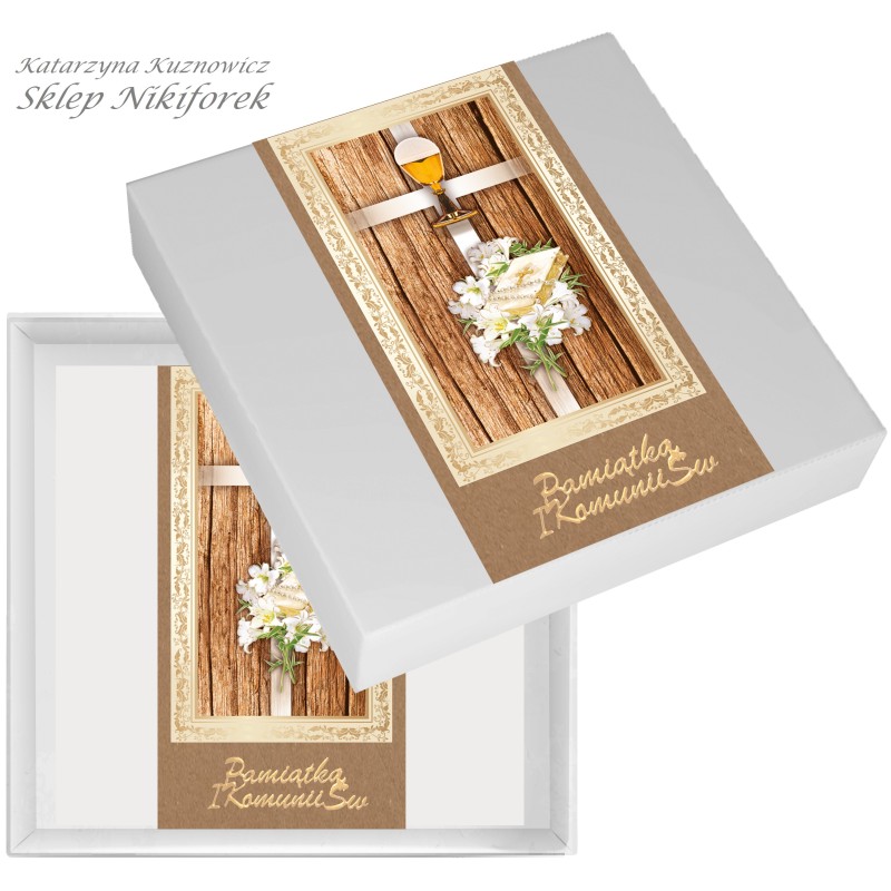 Kartka w pudełku na Komunię eko brązowa lilie