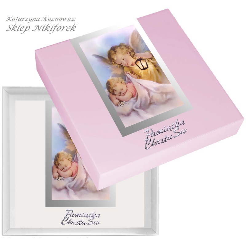 Kartka w pudełku na Chrzest Święty srebrna z aniołkiem