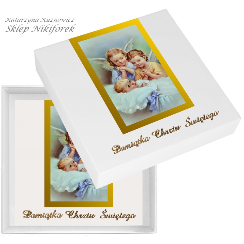 Kartka w pudełku na Chrzest Święty złota z aniołkami