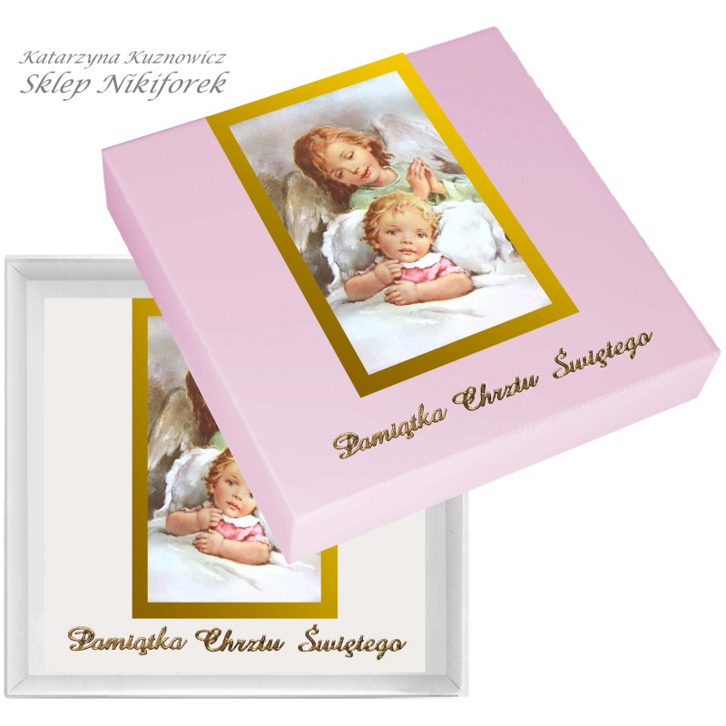 Kartka w pudełku na Chrzest Święty złota z aniołkiem