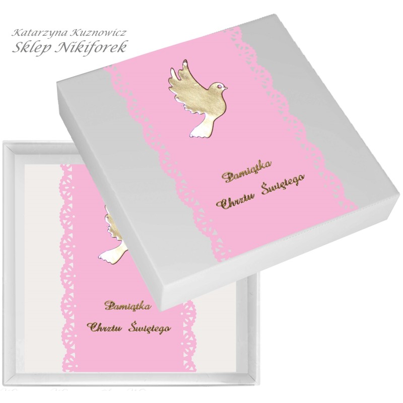 Kartka w pudełku na Chrzest Święty różowa ze złotym gołąbkiem