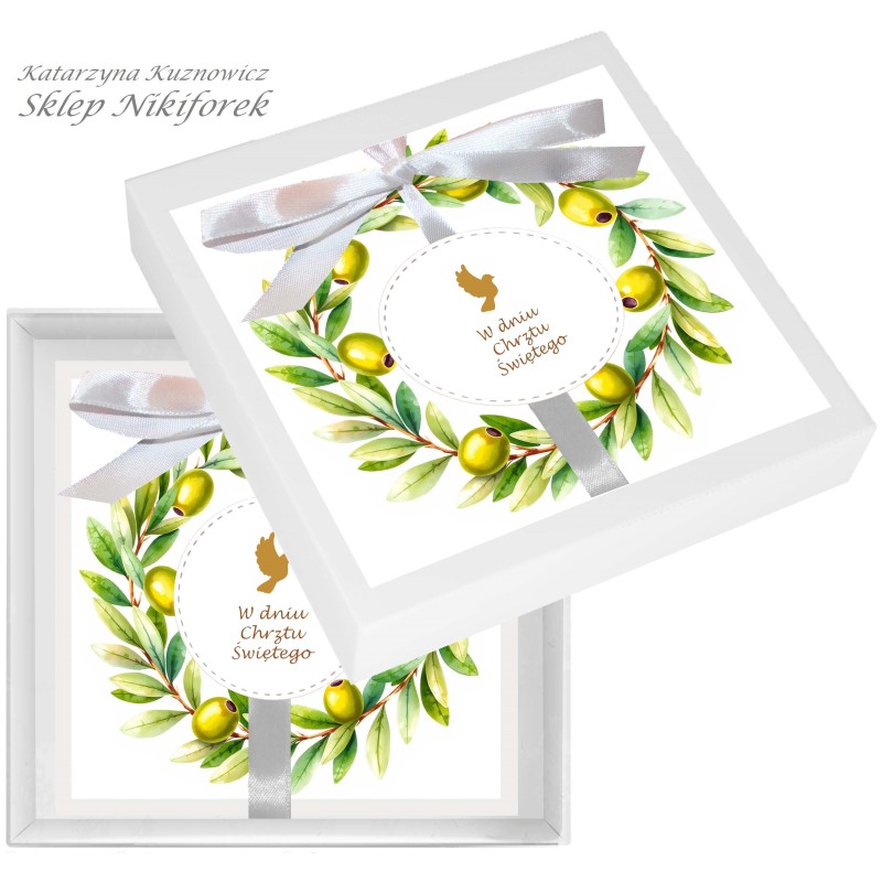 Kartka w pudełku na Chrzest Święty wianek z oliwkami