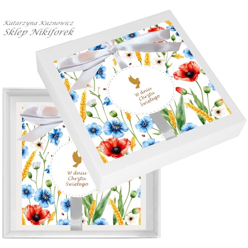 Kartka w pudełku na Chrzest Święty w kwiaty polne