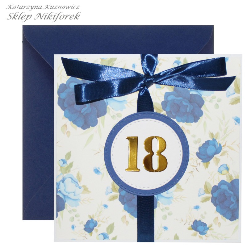 Kartka na 18 urodziny granatowa w kwiaty niebieskie róże