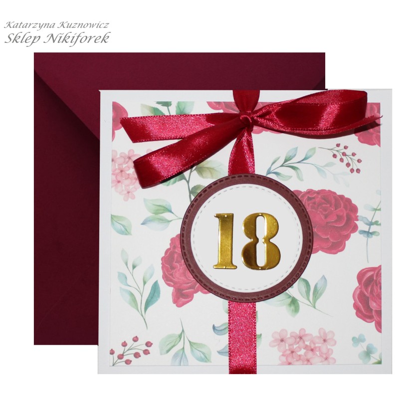 Kartka na 18 urodziny bordowa w kwiaty