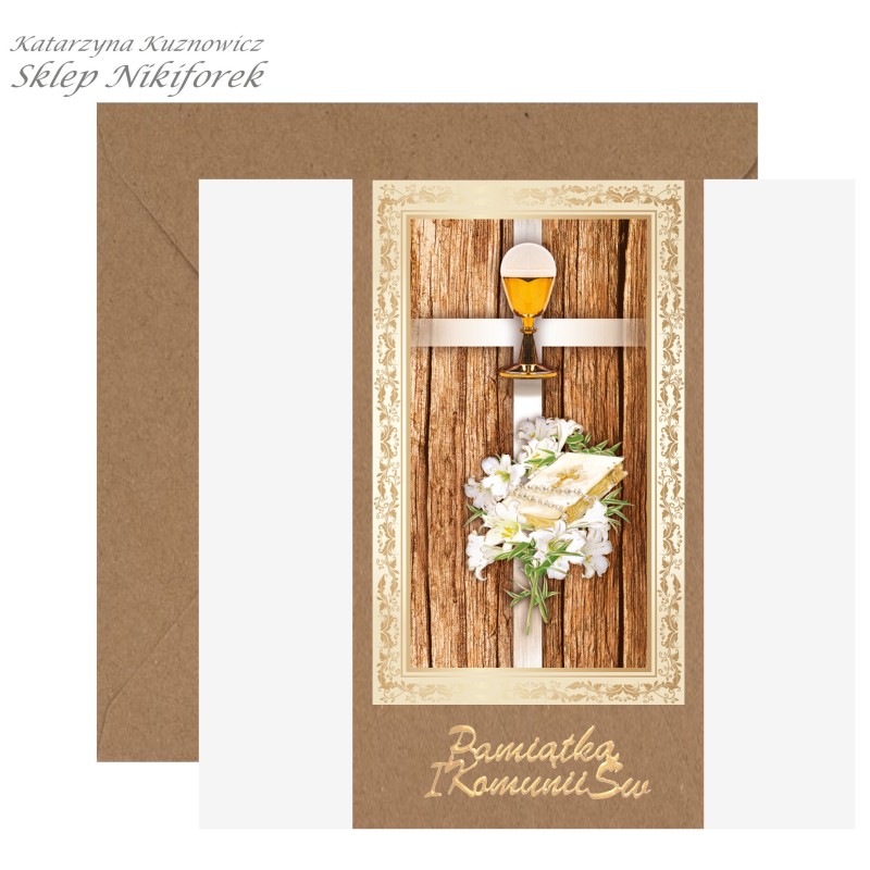 Kartka na Komunię eko brązowa lilie