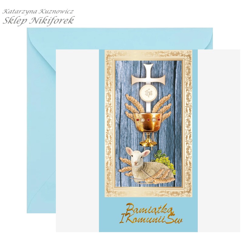 Kartka na Komunię niebieska baranek