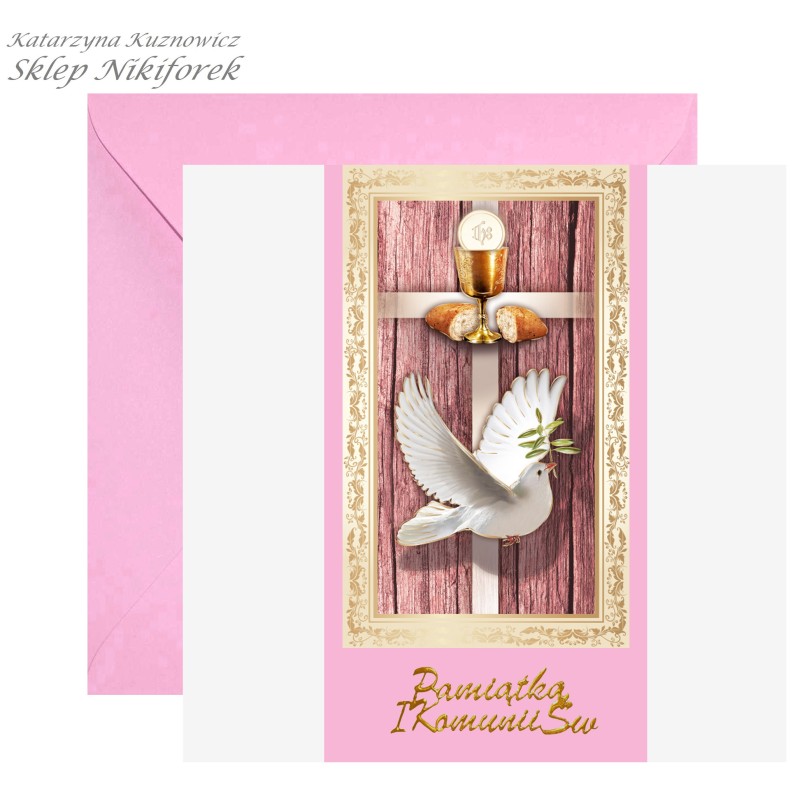 Kartka na Komunię różowa gołąbek