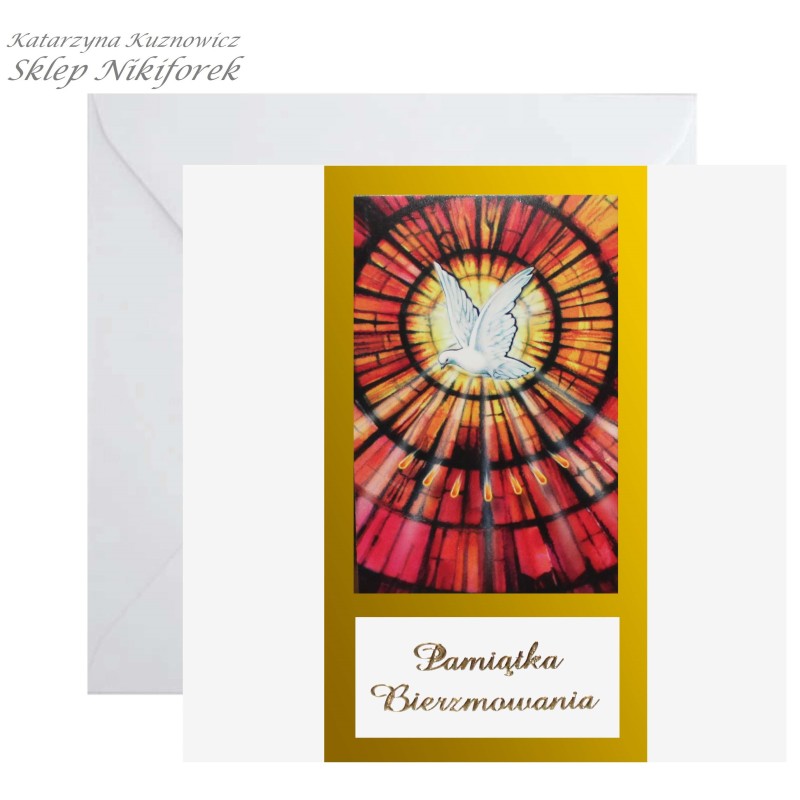 Kartka na Bierzmowanie złoto czerwona z Duchem Świętym