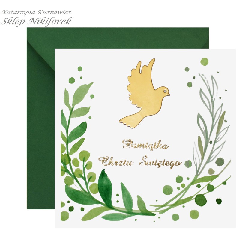Kartka na Chrzest Święty zielona ze złotym gołąbkiem