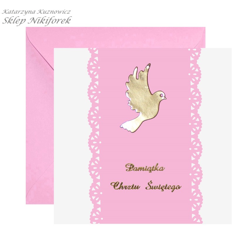 Kartka na Chrzest Święty różowa ze złotym gołąbkiem