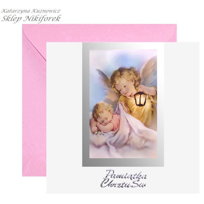 Kartka na Chrzest Święty srebrna z aniołkiem