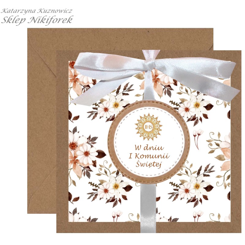Kartka na Komunię eko brązowe kwiatki