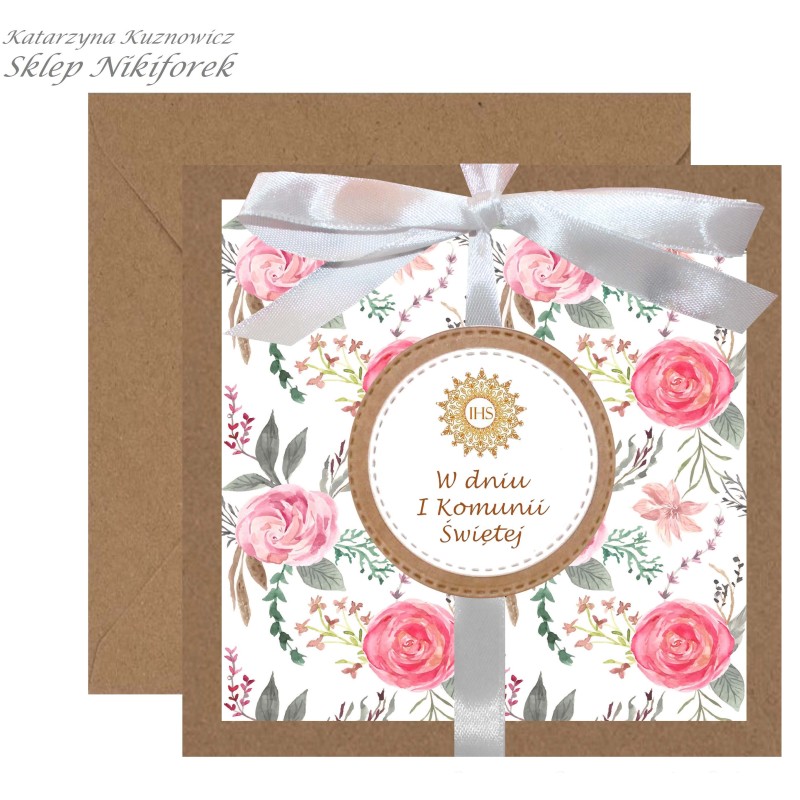 Kartka na I Komunię Świętą brązowa eko kraft w różowe kwiaty róże