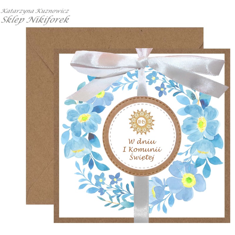 Kartka na I Komunię Świętą brązowa brązowa w niebieskie kwiaty wianek