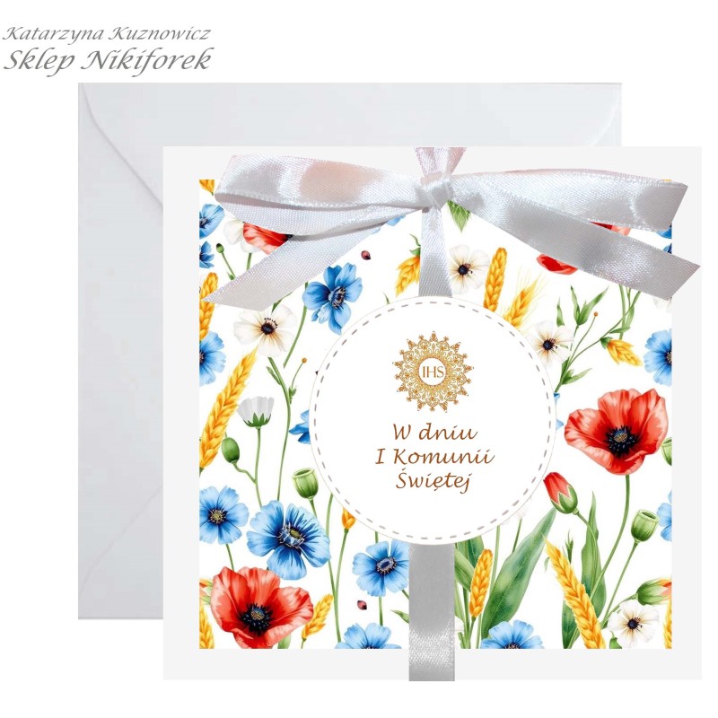 Kartka na I Komunię Świętą brązowa biała w kwiaty polne maki chabry kłosy