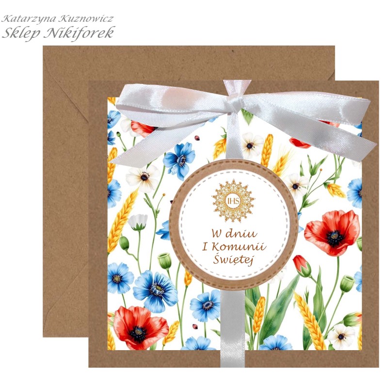 Kartka na I Komunię Świętą brązowa brązowa w kwiaty polne maki chabry kłosy