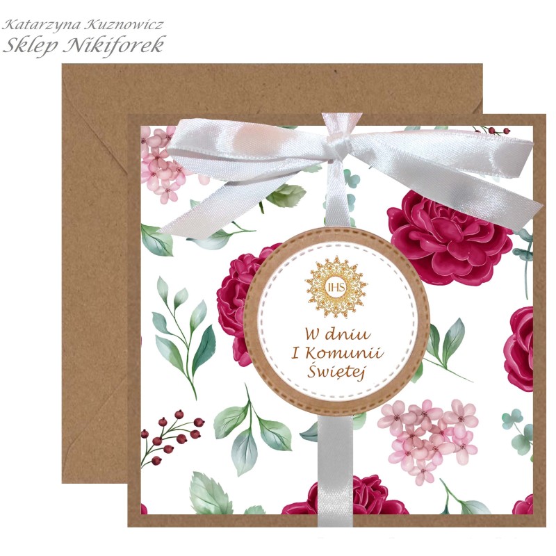 Kartka na I Komunię Świętą brązowa w kwiaty bordowe róże