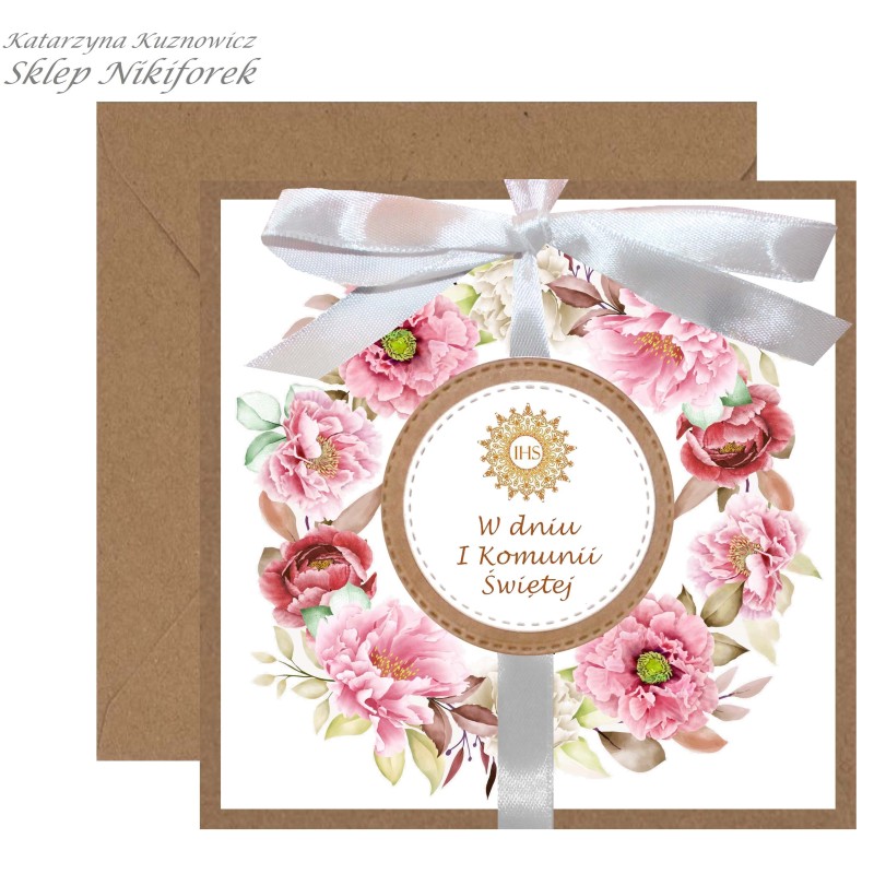 Kartka na I Komunię Świętą brązowa w różowe kwiaty piwonie wianek