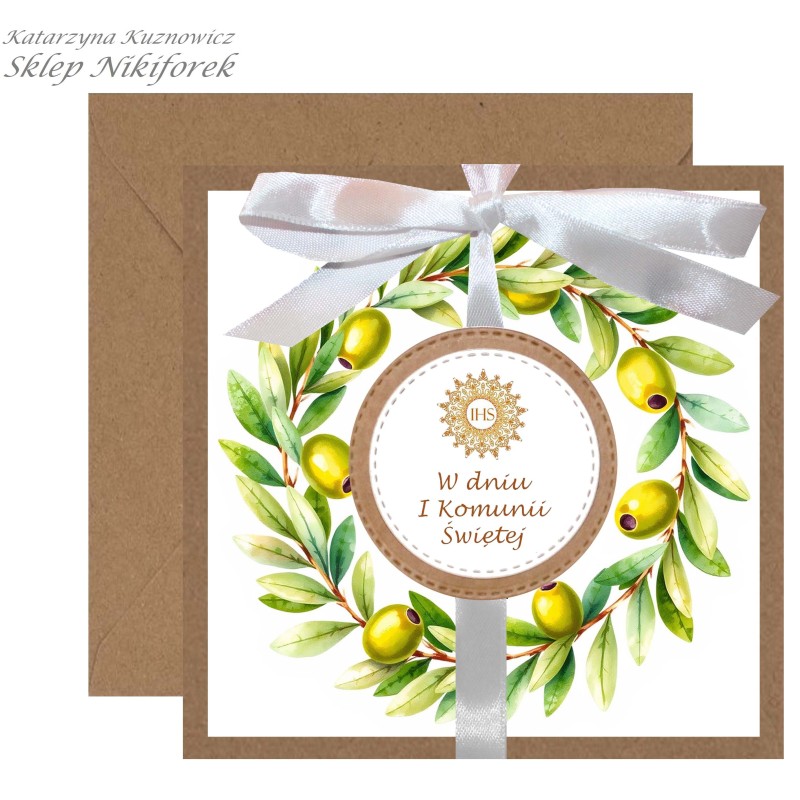 Kartka na I Komunię Świętą brązowa w zielone liście oliwki wianek