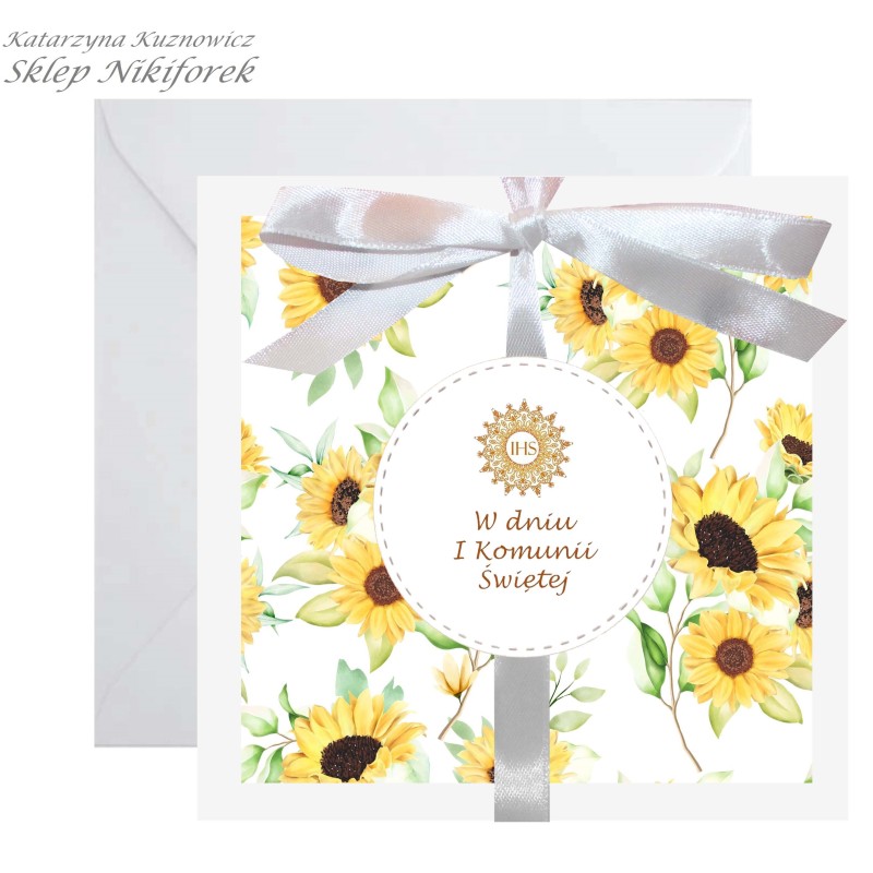 Kartka na I Komunię Świętą biała w żółte kwiaty słoneczniki
