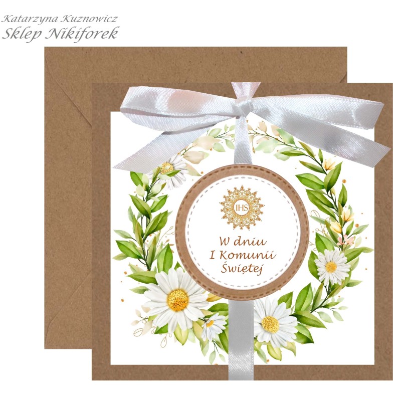 Kartka na I Komunię Świętą brązowa w białe kwiaty stokrotki