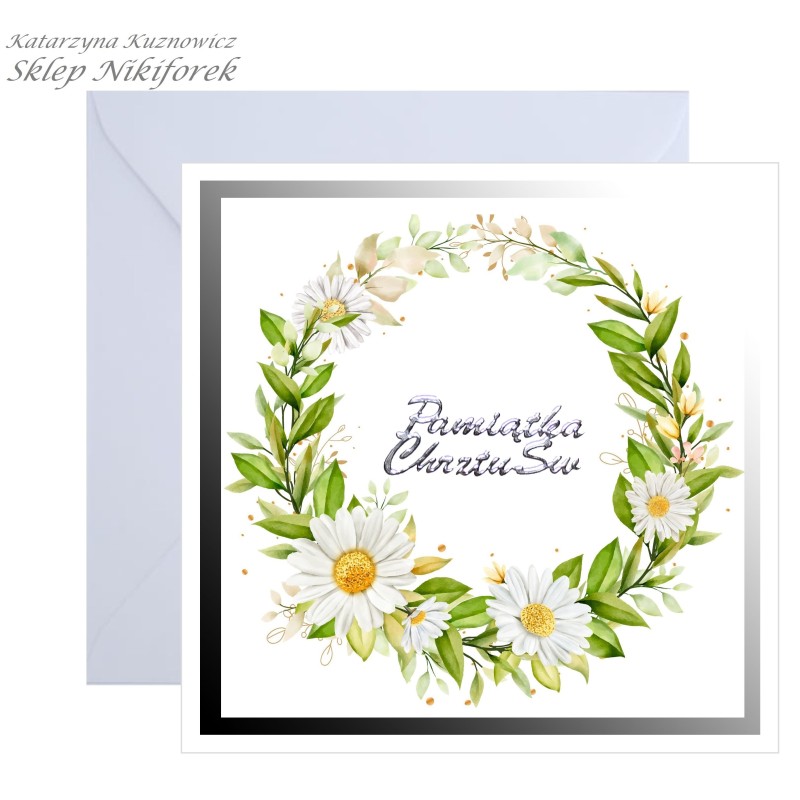 kartka na Chrzest Święty biała w białe kwiaty stokrotki wianek srebrna