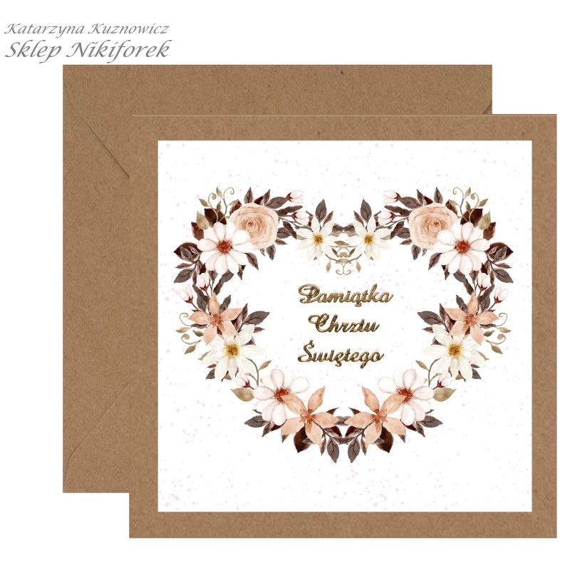 kartka na Chrzest Święty serce brązowa w białe kwiaty stokrotki
