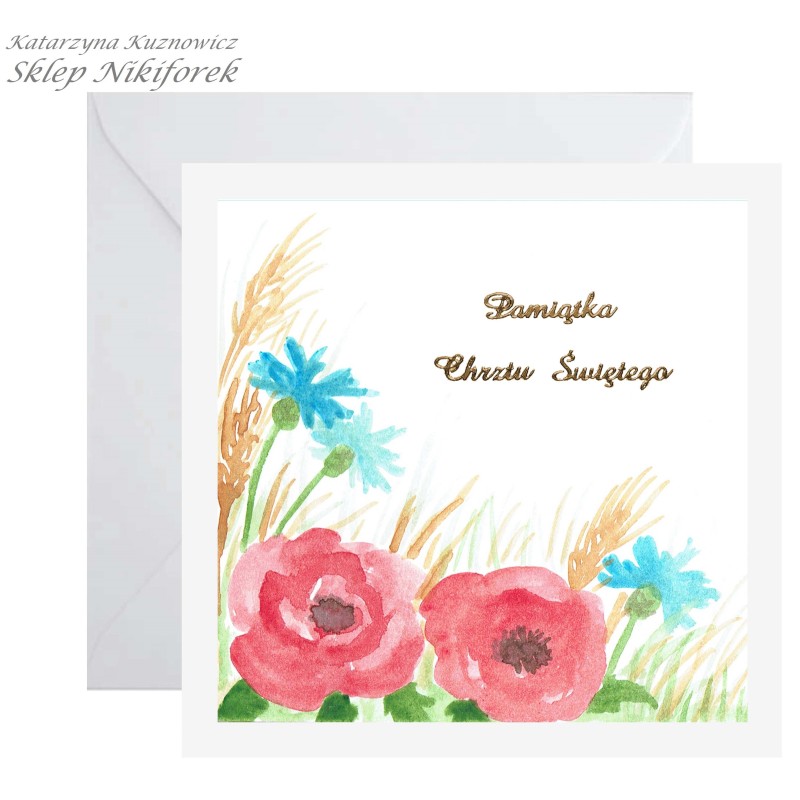 Kartka na Chrzest Święty biała w kwiaty polne maki chabry ręcznie malowana
