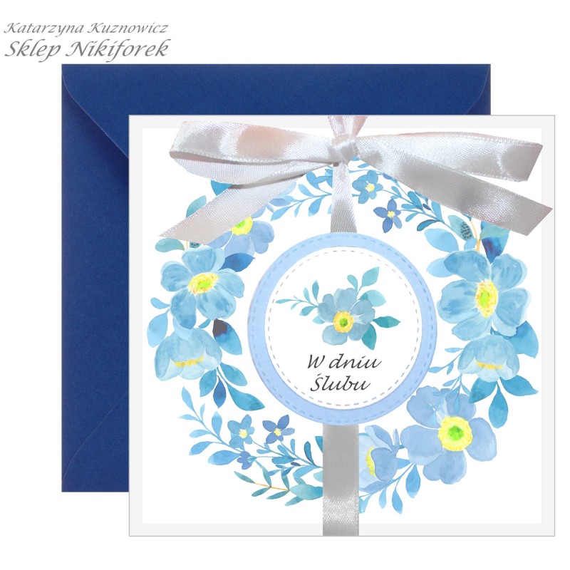 Kartka na ślub w niebieskie kwiaty niezapominajki wianek