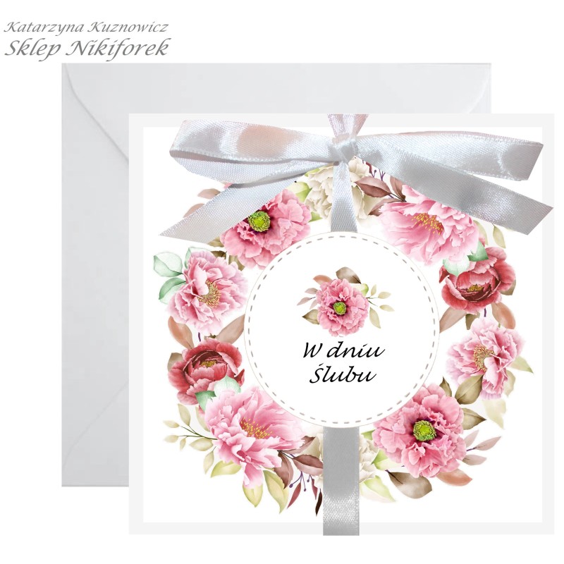 Kartka na ślub w kwiaty różowe piwonie wianek