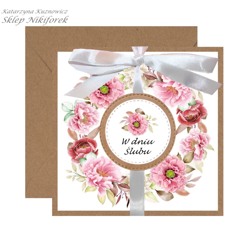 Kartka na ślub brązowa w kwiaty różowe piwonie wianek