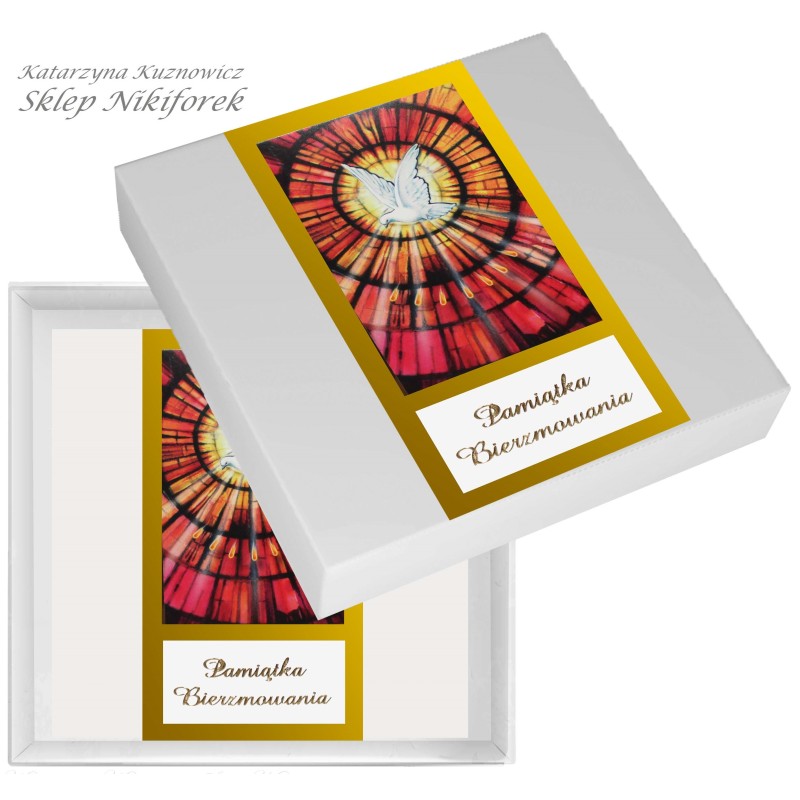 Kartka w pudełku na Bierzmowanie elegancka czerwona złota Duch Święty